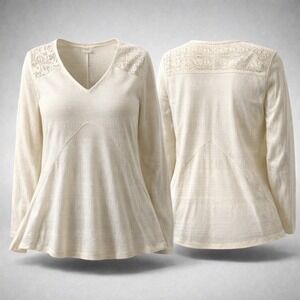 Self Esteem Womens XL Cream Lace Shoulder V-Neck Long Sleeve Babydoll Top Blouse